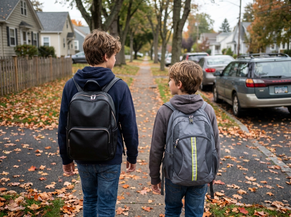 Deux garçons marchant sur un trottoir avec leurs cartables scolaires lors d'une matinée d'automne
