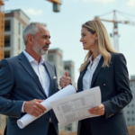 Homme d'affaires en costume bleu discutant avec une architecte sur un chantier