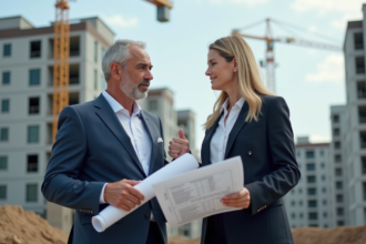 Homme d'affaires en costume bleu discutant avec une architecte sur un chantier