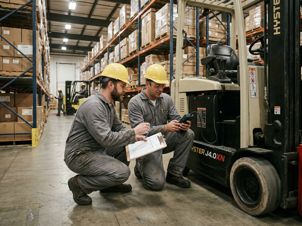 Deux techniciens de maintenance effectuant un diagnostic sur un chariot élévateur électrique dans un centre de distribution logistique