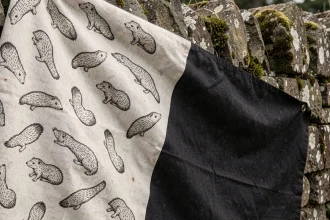 Gros plan sur le drapeau breton Gwenn-ha-du avec les onze hermines visibles sur tissu en lin accroché à un mur en pierre