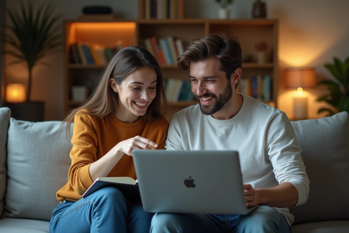 Deux joueurs adultes analysant ensemble les récompenses et l'intérêt des chasses Dofus sur un ordinateur portable dans un salon moderne