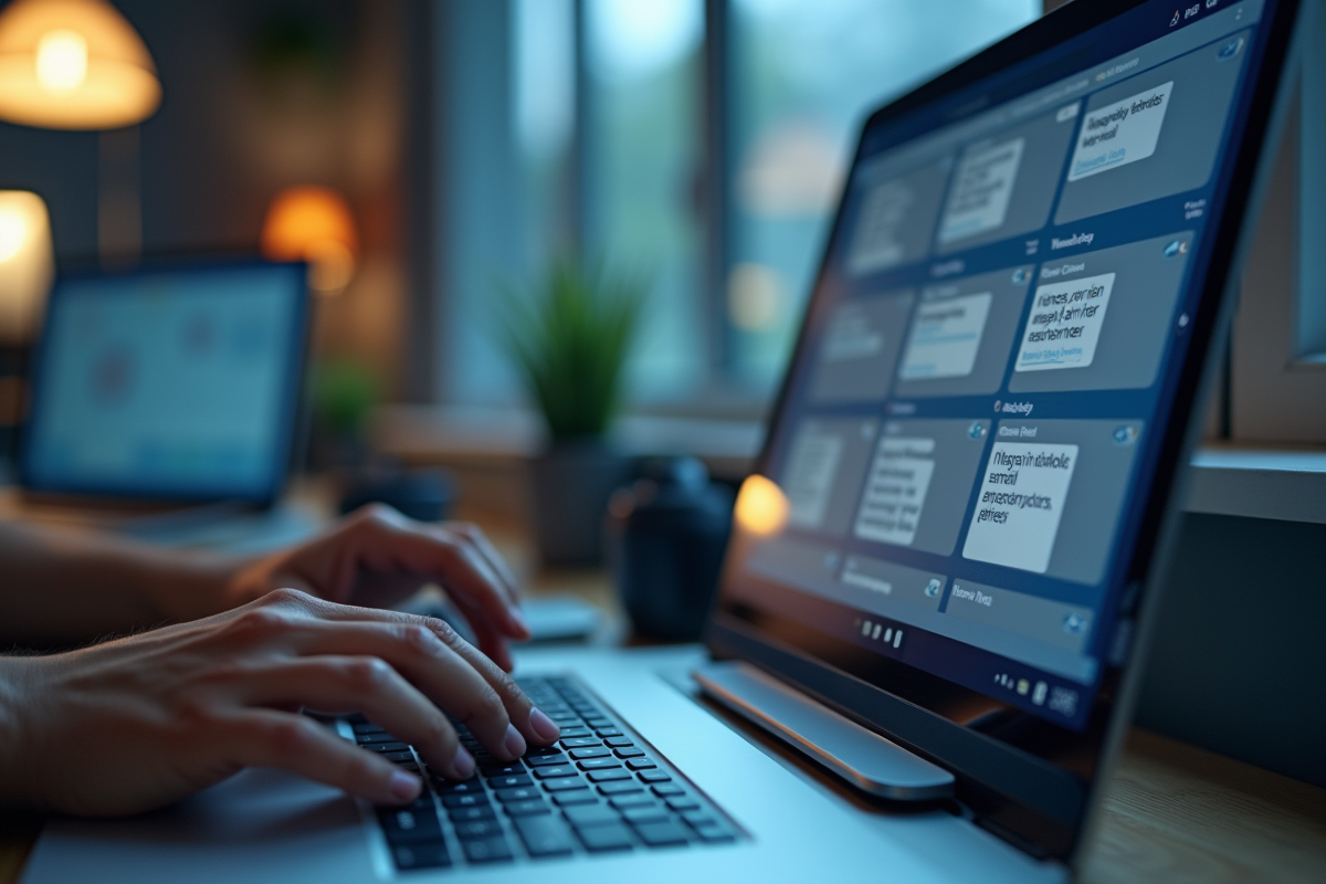 Zoom sur un écran affichant une boîte de réception webmail organisée avec mains tapant au clavier
