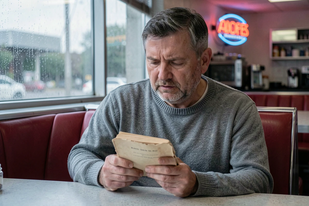 Écrivain d'âge mûr lisant un roman dans un diner américain typique évoquant l'univers littéraire de Jerry Stahl