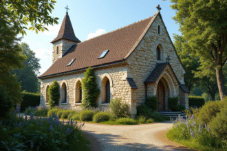 Eglise en pierre dans un village français en plein jour
