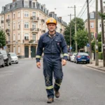 Électricien professionnel marchant dans une rue résidentielle d'Argenteuil avec des immeubles en arrière-plan