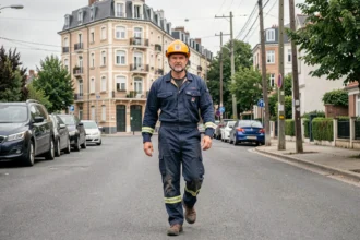 Électricien professionnel marchant dans une rue résidentielle d'Argenteuil avec des immeubles en arrière-plan
