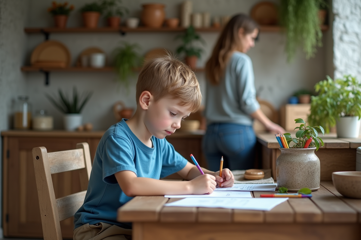 Jeune garçon dessinant à la maison avec sa mère en arrière-plan
