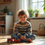 Jeune garçon jouant avec un train en bois dans un salon lumineux