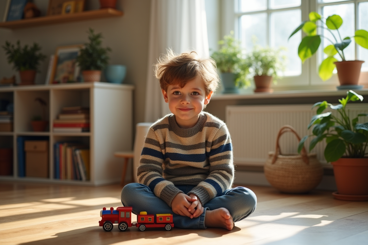 Jeune garçon jouant avec un train en bois dans un salon lumineux