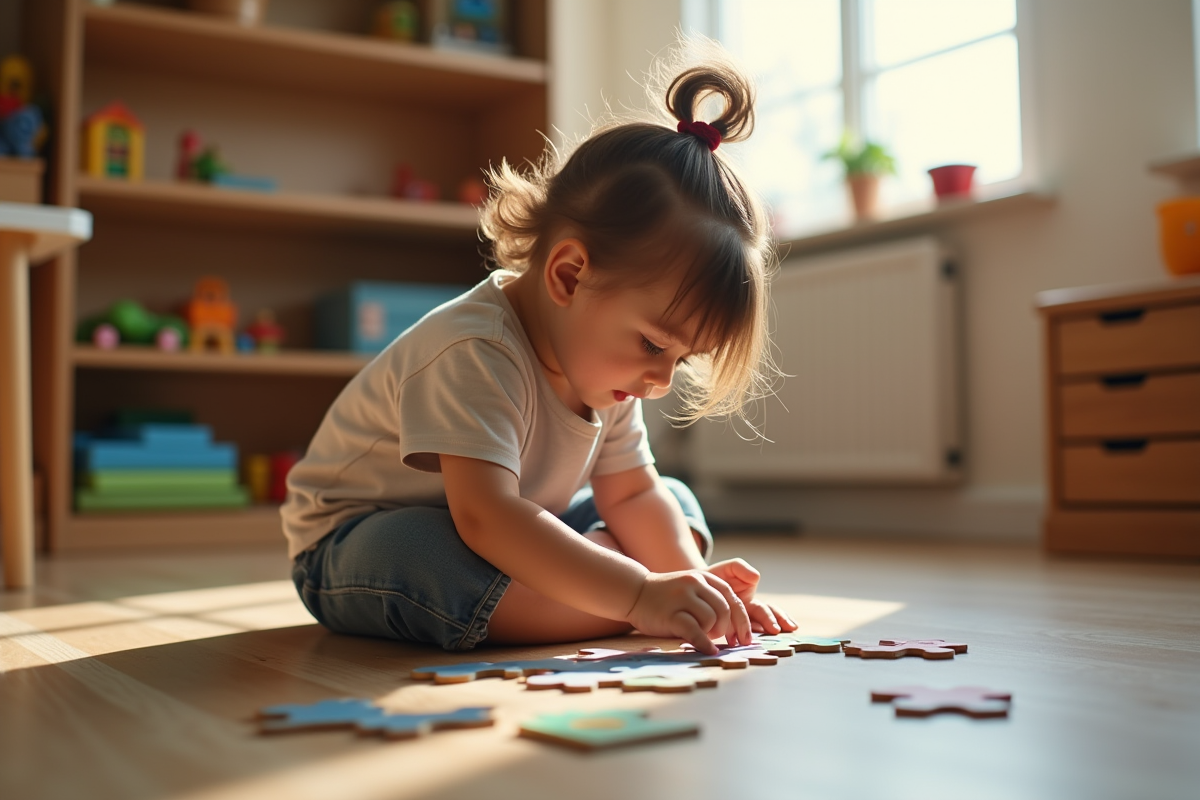 Jeune enfant concentré sur un puzzle dans une classe chaleureuse