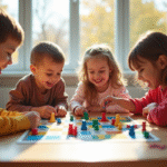 Groupe d'enfants de 7 ans jouant à un jeu de société lumineux
