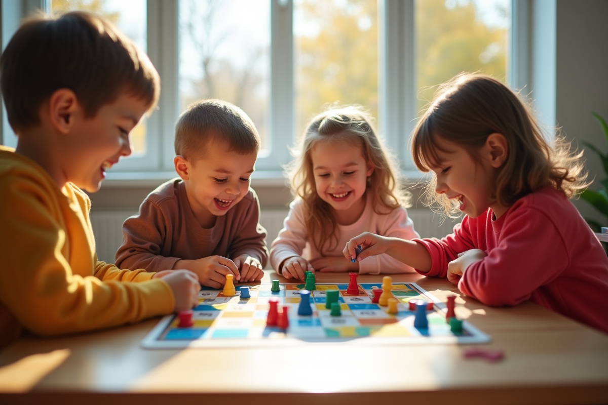 Groupe d'enfants de 7 ans jouant à un jeu de société lumineux