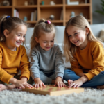 Trois enfants souriants jouent à un jeu de société dans un salon chaleureux