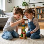 Deux enfants jouent avec des blocs en bois colorés dans un salon chaleureux