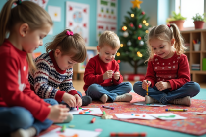 Enfants en classe décorant des ornements de Noël