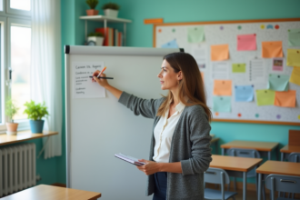 Professeure écrivant objectifs en classe lumineuse