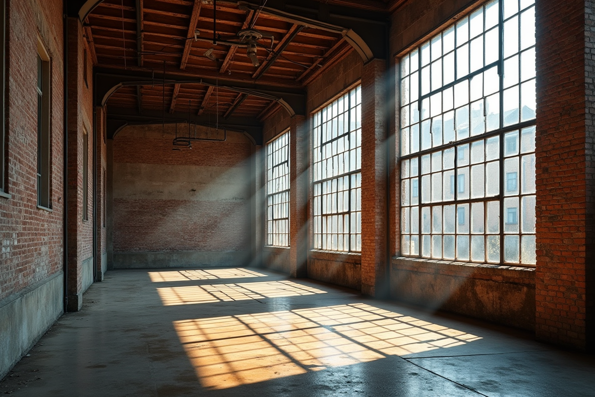 Ancien entrepôt industriel avec grandes fenêtres ensoleillées