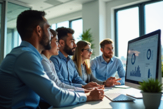 Groupe d'employes aeriens autour d'un ordinateur lumineux