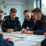 Jeunes pompiers en réunion avec cartes et écrans