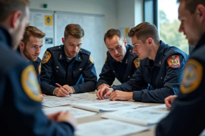 Jeunes pompiers en réunion avec cartes et écrans