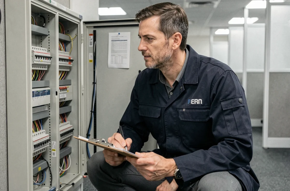 Électricien ERI intervenant sur un tableau de distribution dans un espace commercial à Argenteuil