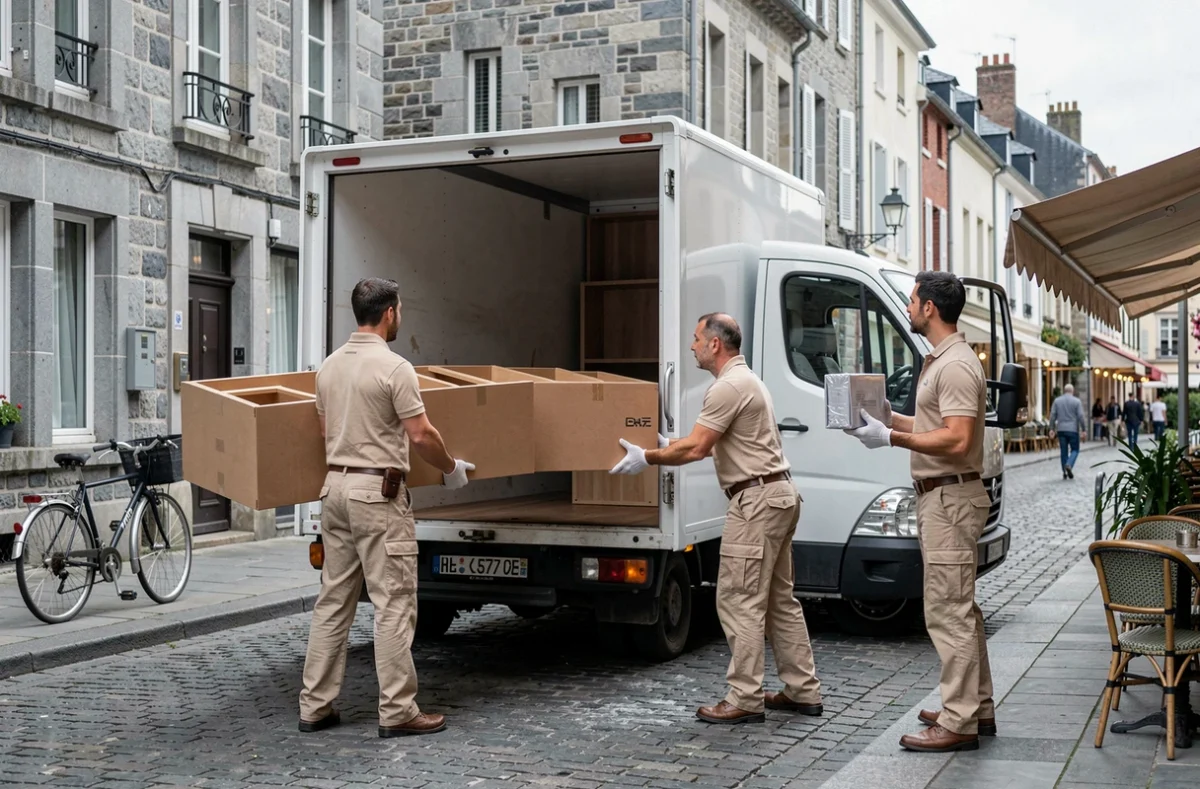 Déménageurs Ets Sage chargeant des meubles dans un camion dans une rue de ville normande