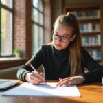 Etudiant en bibliothèque comparant un essai manuscrit et imprimé