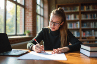 Etudiant en bibliothèque comparant un essai manuscrit et imprimé
