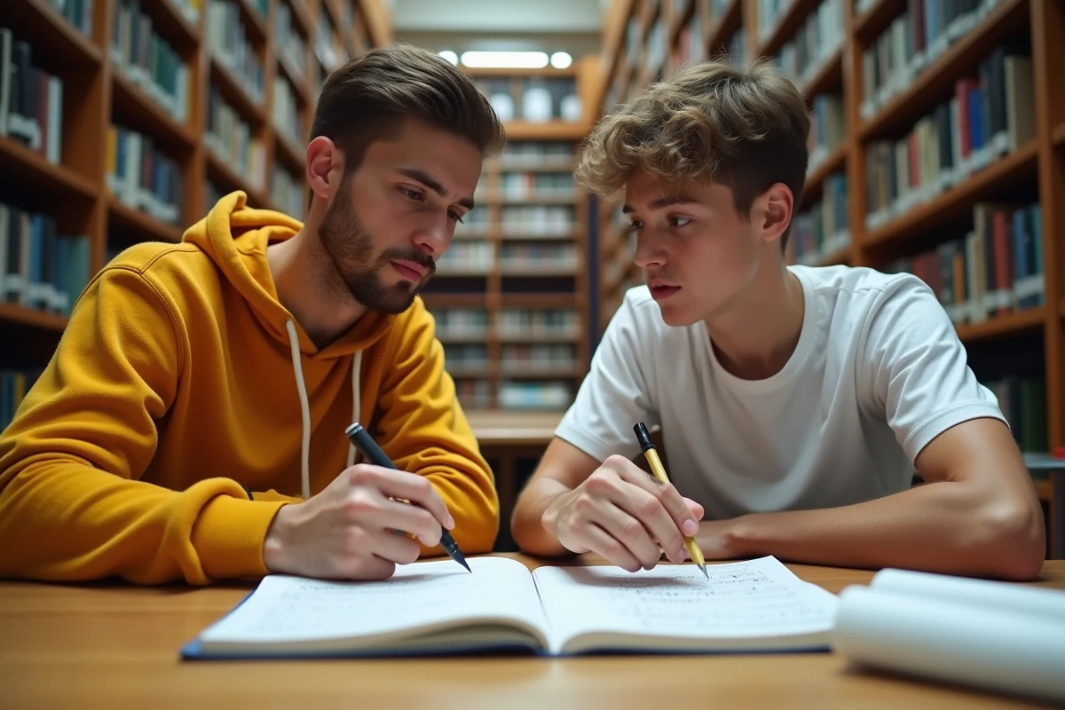 Deux étudiants en bibliothèque discutant de l'orthographe correcte d'un mot noté dans un cahier avec de nombreuses ratures