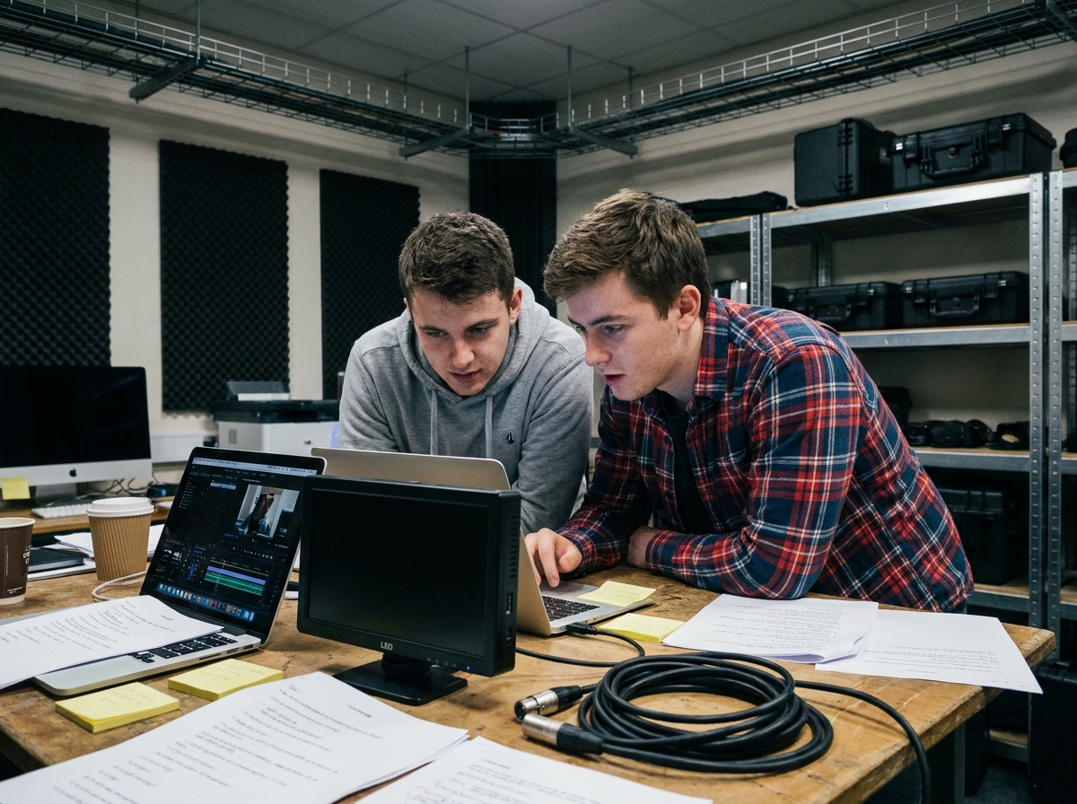 Deux étudiants en vidéo analysant des rushes sur ordinateur dans une salle de montage universitaire