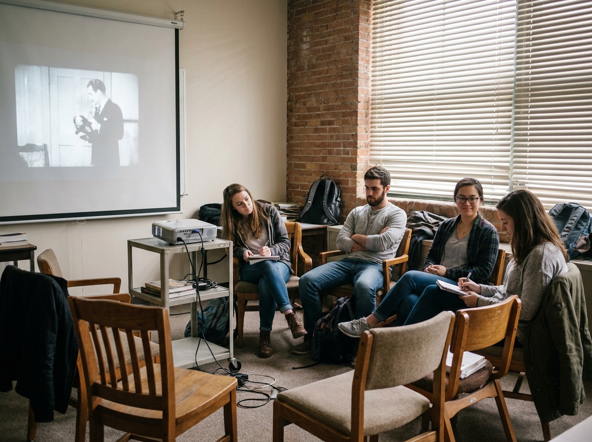 Groupe d'étudiants en cinéma regardant une projection de court-métrage dans une salle de cours aménagée