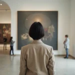 Femme contemplant une œuvre d'art contemporain dans un musée de Lyon lors d'une exposition actuelle