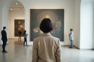 Femme contemplant une œuvre d'art contemporain dans un musée de Lyon lors d'une exposition actuelle