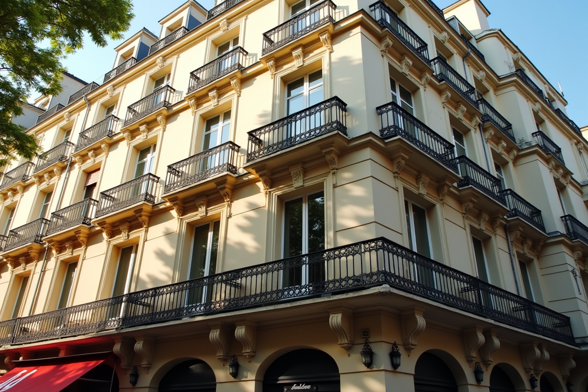 Façade d un immeuble parisien avec balcon et panneau a louer
