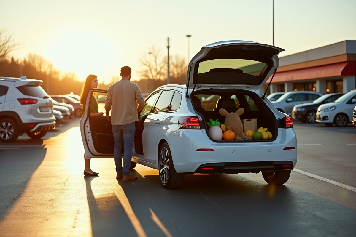 Famille chargeant le coffre de la Peugeot 308 GT Line au supermarche