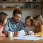 Famille discutant de papiers à la maison pour l'article