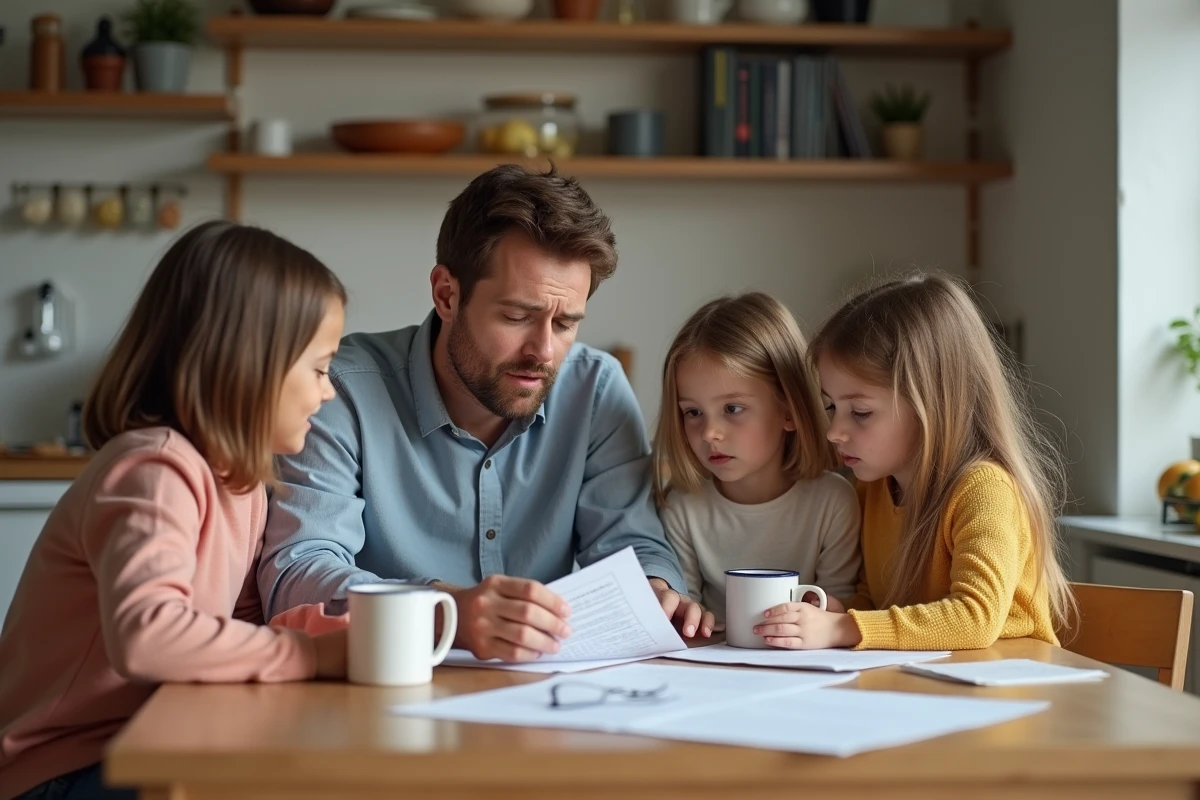 Famille discutant de papiers à la maison pour l'article