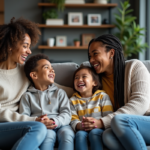 Famille diverse riant ensemble dans un salon moderne