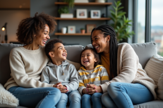 Famille diverse riant ensemble dans un salon moderne