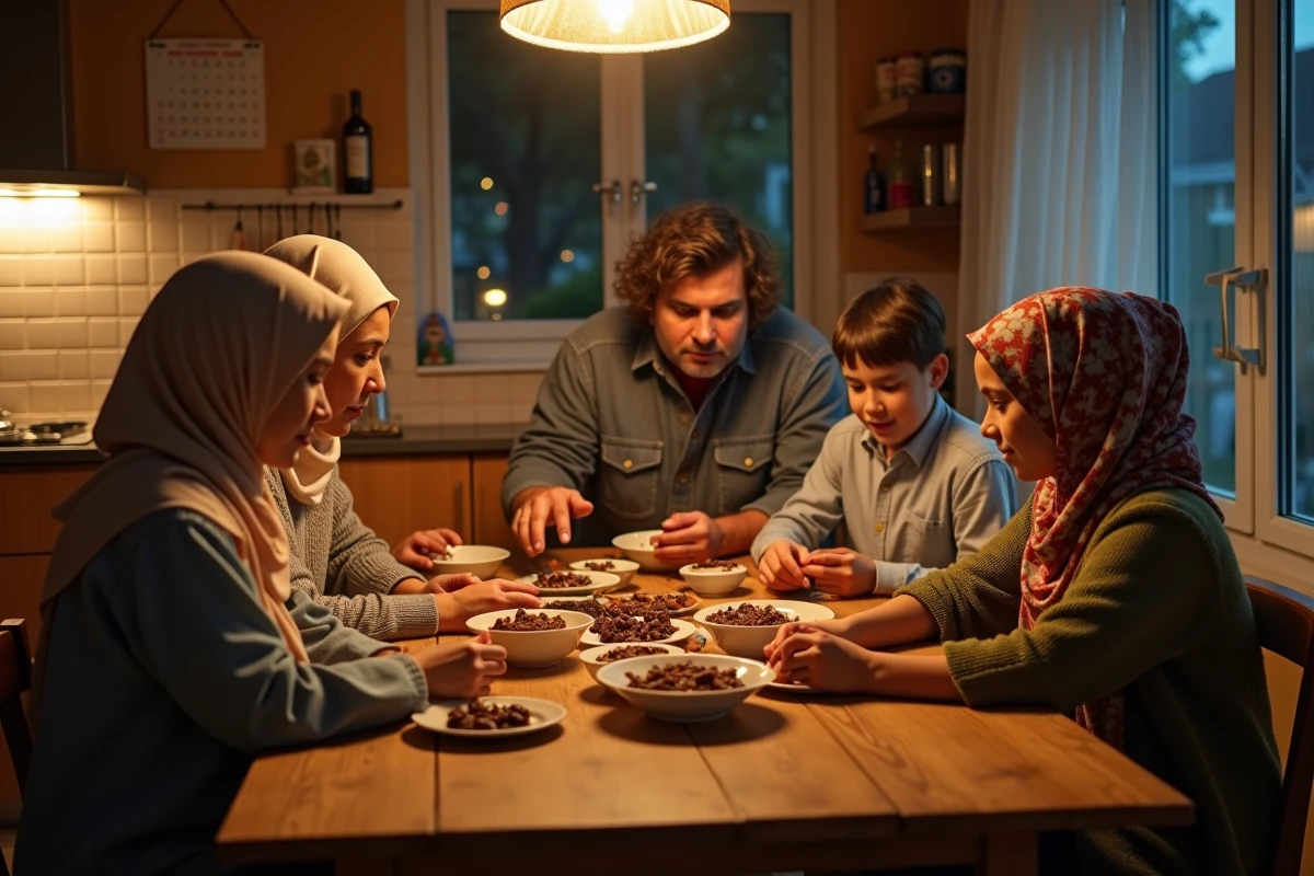 Famille musulmane réunie pour l'iftar du Ramadan autour d'une table avec dattes et soupe harira au Blanc-Mesnil