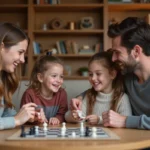Famille moderne jouant à un jeu de société dans le salon