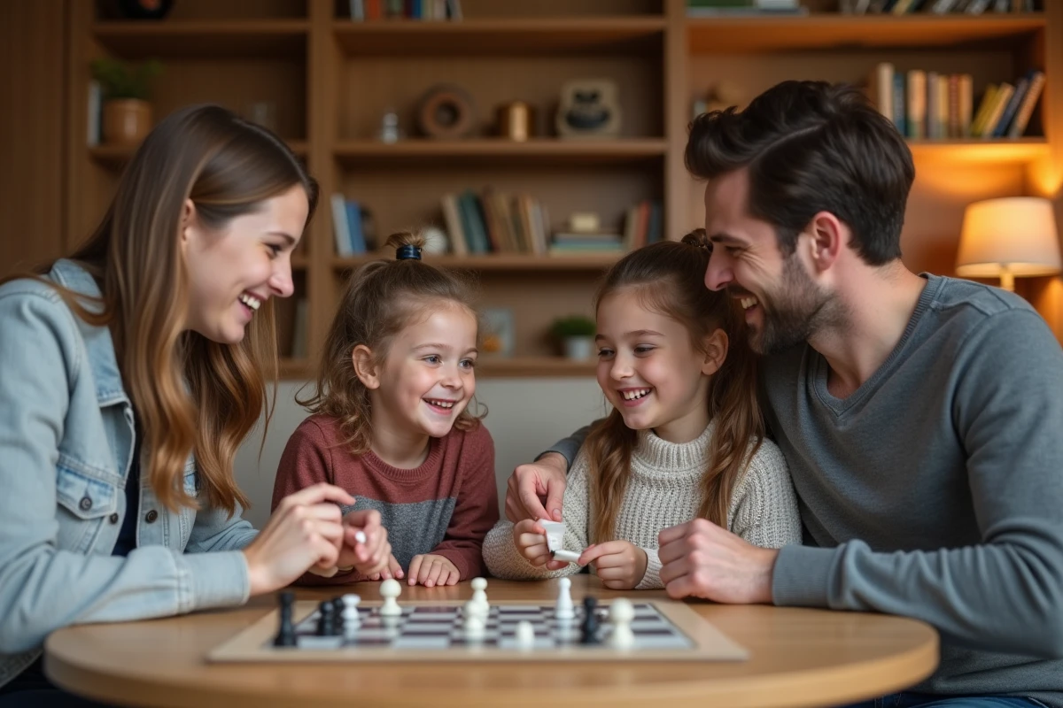 Famille moderne jouant à un jeu de société dans le salon
