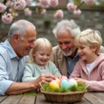 Famille réunie autour d'un panier d'œufs de Pâques colorés dans un jardin fleuri au printemps