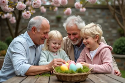Famille réunie autour d'un panier d'œufs de Pâques colorés dans un jardin fleuri au printemps