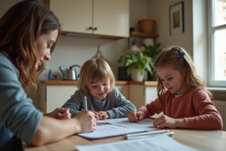 Famille française réunie à la cuisine pour remplir des papiers officiels