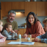 Famille recomposée autour d'une table moderne en cuisine