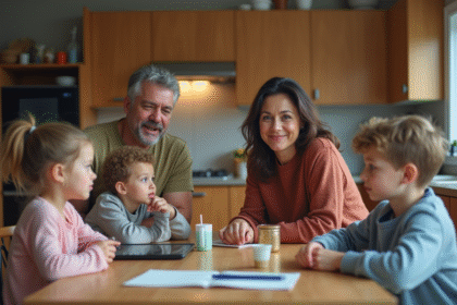 Famille recomposée autour d'une table moderne en cuisine