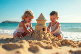 Famille heureuse construisant un chateau de sable sur la plage d Agay