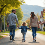 Famille heureuse marchant dans une rue résidentielle en famille